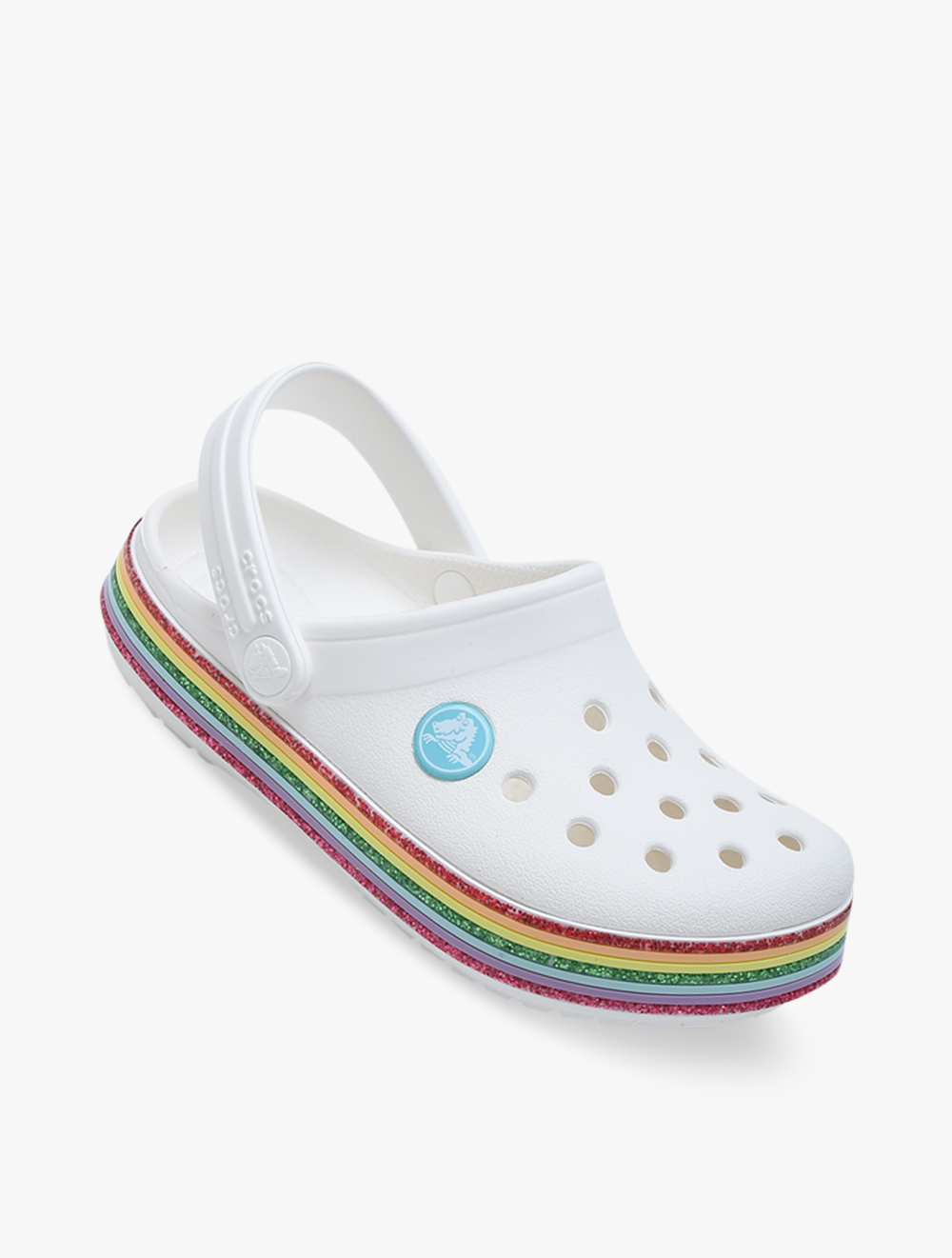 white crocs with rainbow